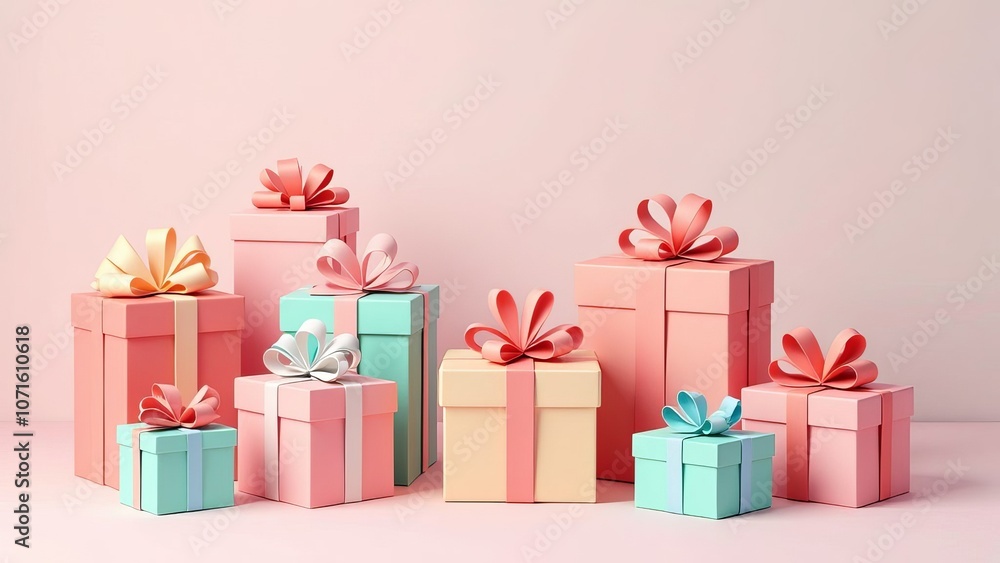 Poster A row of colorful boxes with bows on top, arranged in a neat line