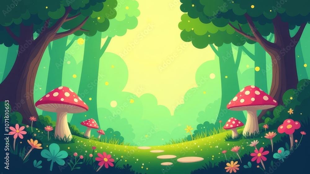 Poster a forest scene with a path and a bunch of mushrooms