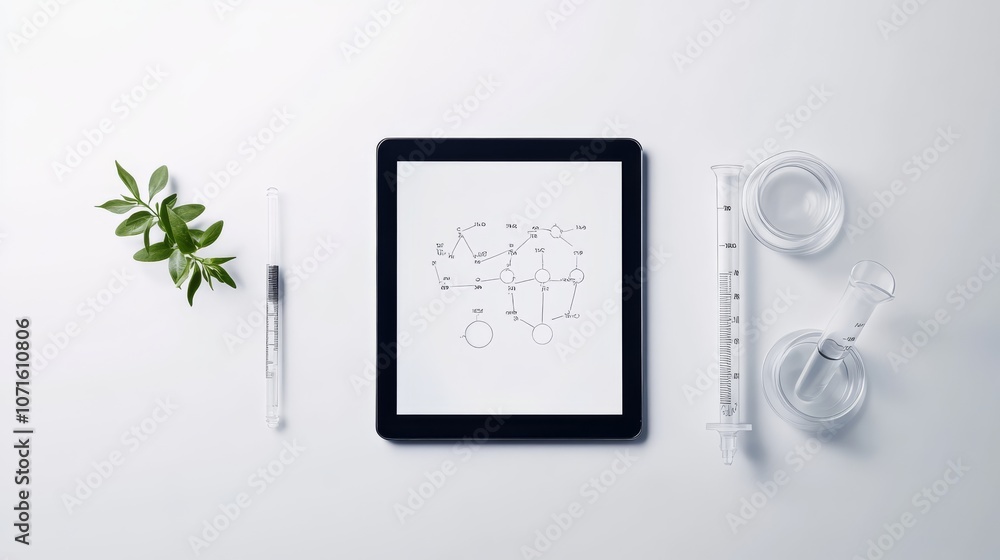 Poster a digital tablet displaying chemical formulas next to a glass pipette and a beaker, all centered on 