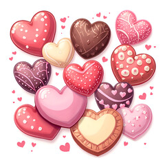 Fototapeta premium A colorful assortment of heart shaped cookies in various designs and patterns surrounded by tiny hearts, digital illustration of food art concept.