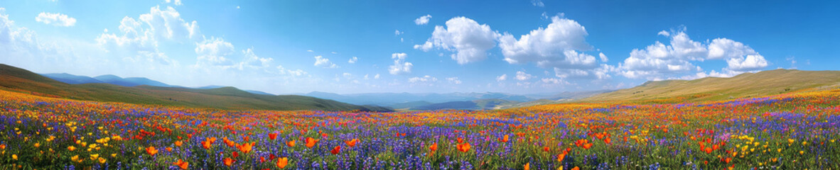 vibrant panoramic view of rolling hills covered in colorful wildflowers, showcasing stunning landscape under bright blue sky with fluffy clouds