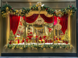 Fototapeta premium A festive, elegantly decorated store window showcasing Christmas ornaments, gifts, and holiday decor in vibrant red and gold.