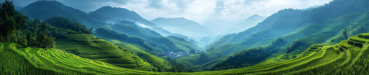 Fototapeta premium Stunning panoramic landscape of rice terraces in Asia, showcasing lush green fields and misty mountains, creating serene and tranquil atmosphere