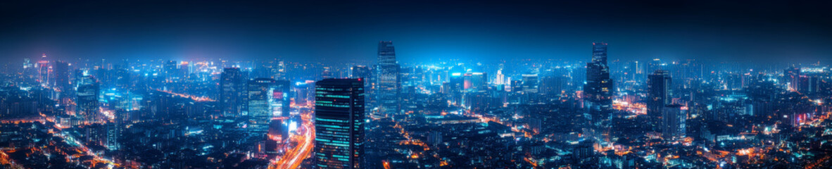 Fototapeta premium stunning panoramic view of bustling city skyline at night, showcasing vibrant lights and modern architecture. scene captures energy and liveliness of urban life