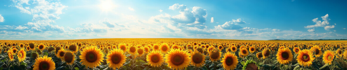 Fototapeta premium vibrant panoramic landscape of sunflower field under bright blue sky, showcasing beauty of nature with blooming sunflowers and fluffy clouds