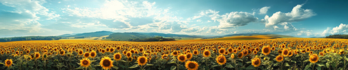 Fototapeta premium panoramic landscape of vibrant sunflower field under bright blue sky, showcasing beauty of nature with rolling hills in background