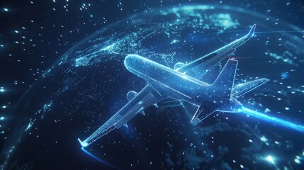 Hologram of airplane is flying around digital earth globe, symbolizing future technology, globalization, worldwide travel and augmented reality