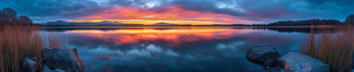 Fototapeta premium panoramic landscape of serene lake at sunset, showcasing vibrant colors reflecting on water surface. tranquil scene evokes sense of peace and natural beauty