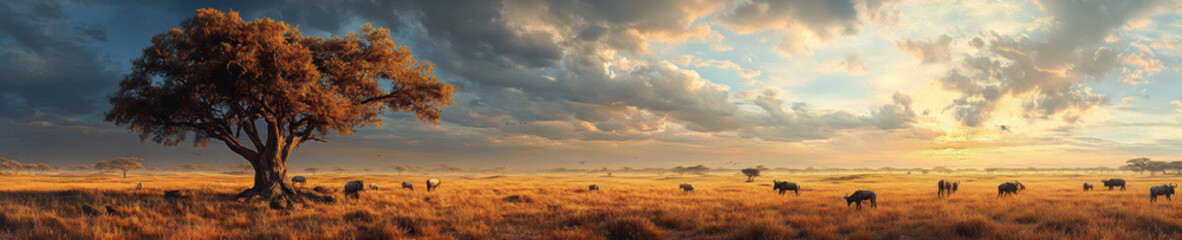 stunning panorama of savanna landscape featuring elephants grazing under large tree, with dramatic clouds and vibrant sunset