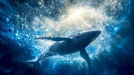Obraz premium A majestic whale swims gracefully through the deep blue ocean. This image captures the beauty and mystery of marine life. Perfect for nature lovers and ocean enthusiasts. AI