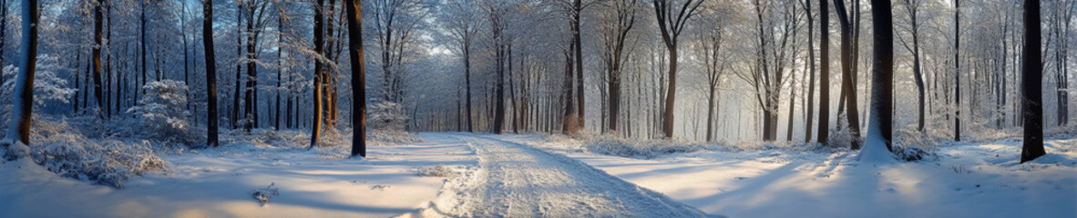 serene snowy forest panorama with tall trees, soft light, and tranquil path. scene evokes peaceful winter atmosphere, inviting exploration and reflection