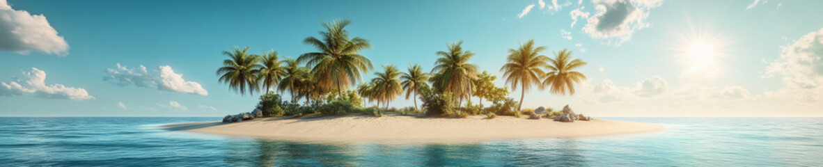 Fototapeta premium panoramic landscape of tropical island featuring lush palm trees, soft sandy beach, and clear blue waters under bright sky. serene atmosphere evokes sense of tranquility and paradise
