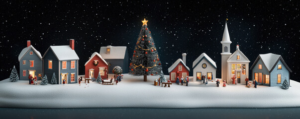 Obraz premium snowy Christmas village at night featuring charming houses, decorated tree, and festive figures. scene evokes warmth and holiday spirit under starry sky