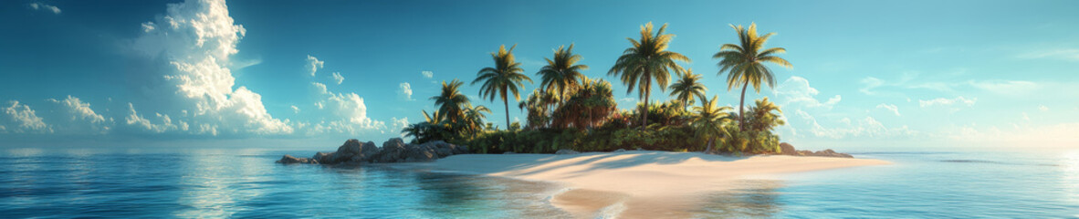 Obraz premium serene panoramic landscape of tropical island featuring lush palm trees, soft sandy beaches, and calm turquoise waters under bright blue sky. This idyllic scene evokes sense of tranquility and
