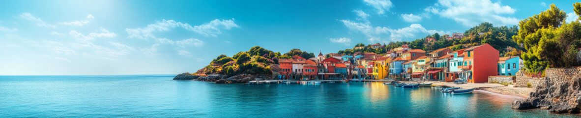 Fototapeta premium vibrant coastal village with colorful houses along shore, reflecting in calm waters under bright blue sky. serene atmosphere invites relaxation and exploration