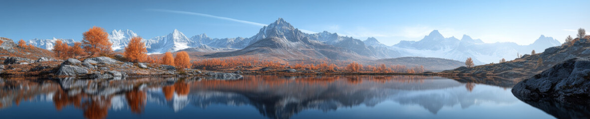 Fototapeta premium stunning panoramic landscape of mountain range with vibrant autumn foliage reflecting in serene lake. scene captures beauty of nature in tranquil setting