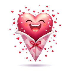 Whimsical heart character with smiling face and floating mini hearts in a colorful background, digital illustration of character design concept.