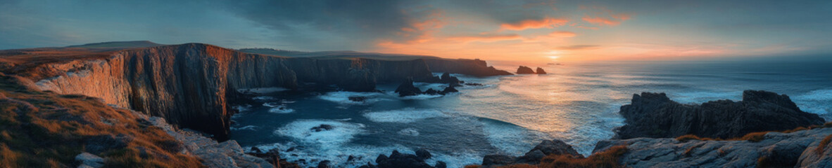 Fototapeta premium breathtaking coastal landscape featuring dramatic cliffs, vibrant sunset colors, and serene ocean waves. scene captures beauty of nature tranquility and grandeur