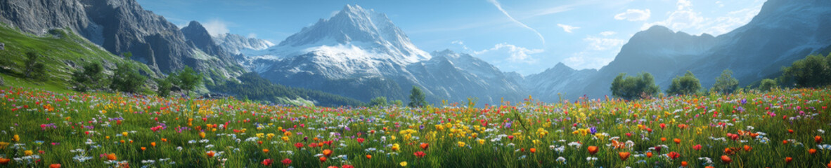 Fototapeta premium panoramic landscape of vibrant mountain meadow filled with colorful wildflowers, surrounded by majestic mountains and clear blue sky. scene evokes sense of tranquility and natural beauty