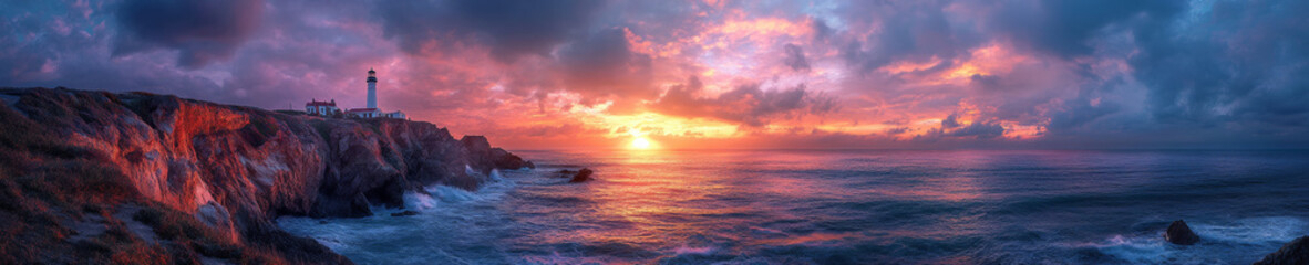 Fototapeta premium stunning panoramic view of coastal cliffside at sunset, featuring lighthouse against vibrant sky filled with colorful clouds. waves crash gently on rocks below, creating serene atmosphere