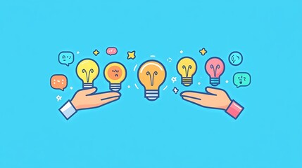 A flat illustration of two hands holding idea light bulb