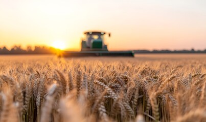 Fototapeta premium Farmer Tending to Expansive Wheat Field at Sunrise in Serene Countryside, Generative AI