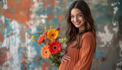 Naklejka premium Vertical photo collage of happy pregnant girl belly receive flowers gerbera congratulations mother day