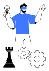 Man wearing virtual reality headset holds a lightbulb, points ahead, with a chess rook and gears below. Ideal for innovation, technology, strategy, virtual reality, creativity, engineering future