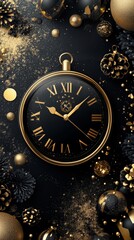 A luxurious golden clock surrounded by sparkling black and gold holiday decorations, perfect for New Year and festive celebrations.