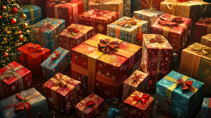 Obraz premium Vibrant assortment of beautifully wrapped Christmas gifts piled together during the festive holiday season