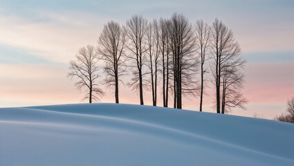 Obraz premium Serene snow-covered hill with barren trees at dawn's light