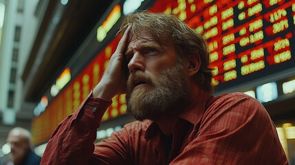 Obraz premium Market Crash Anxiety: A man with a beard, dressed in red, sits in front of a stock ticker displaying alarming numbers, his hand on his forehead, overwhelmed by market volatility.