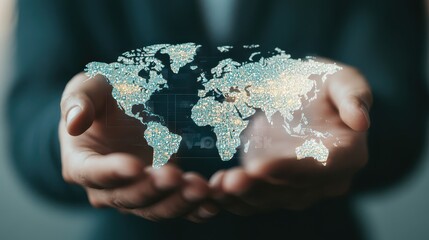World Map Overlay on Businessman s Hand Holding Data Holograms Representing Global Economy Tech Innovation and Analytics Driven Market Insights for Corporate Strategy Planning and Decision Making 