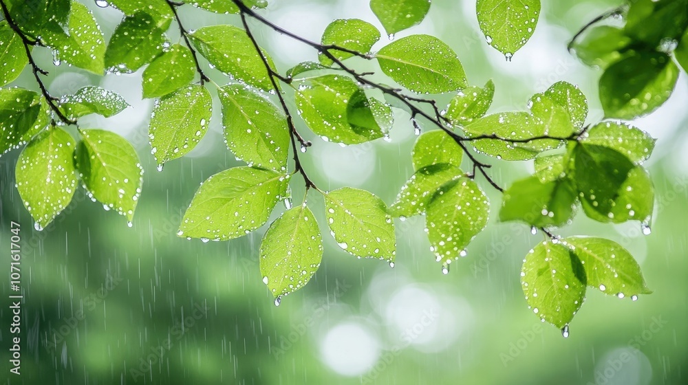 Poster Raindrops cling to the branches and vibrant green leaves, creating a serene natural scene filled with refreshing raindrop details and ample copy space for design purposes.