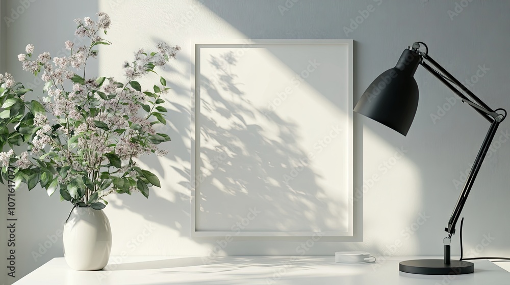 Poster Empty white poster frame mockup designed for creative projects, placed on a white table complemented by a reading lamp and flowers in a modern office interior, 3D rendering.