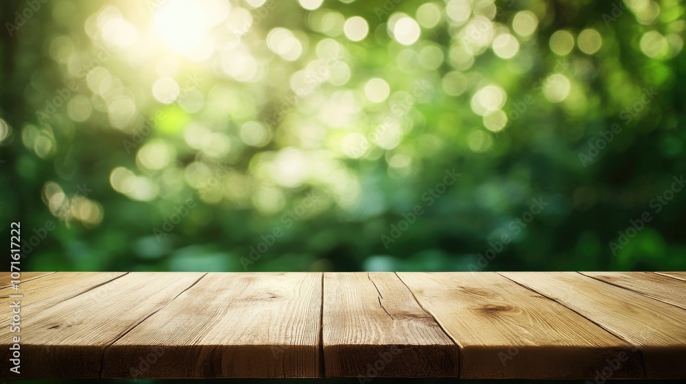 Poster wooden table top set against a soft green bokeh background. empty wood surface in a bright cafe ambi
