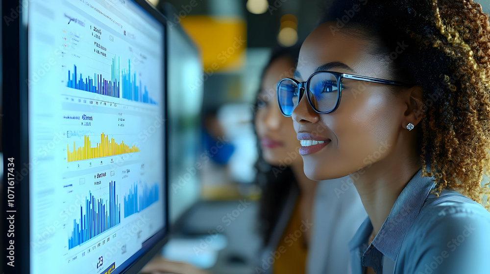 Poster businesswoman analyzing data on computer screen - realistic image