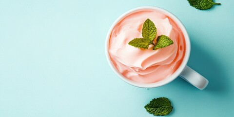 A moisturizing cream in a cup features peach blush and mint, set against a light blue backdrop, creating a refreshing and vibrant aesthetic.