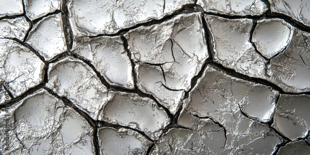 Poster intricate detail of a silver metallic surface featuring a cracked texture, showcasing a unique desig