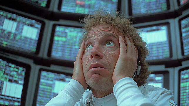The Pressure is On: A stressed trader sits amidst a wall of computer screens, his hands gripping his head in a moment of intense focus and anxiety.