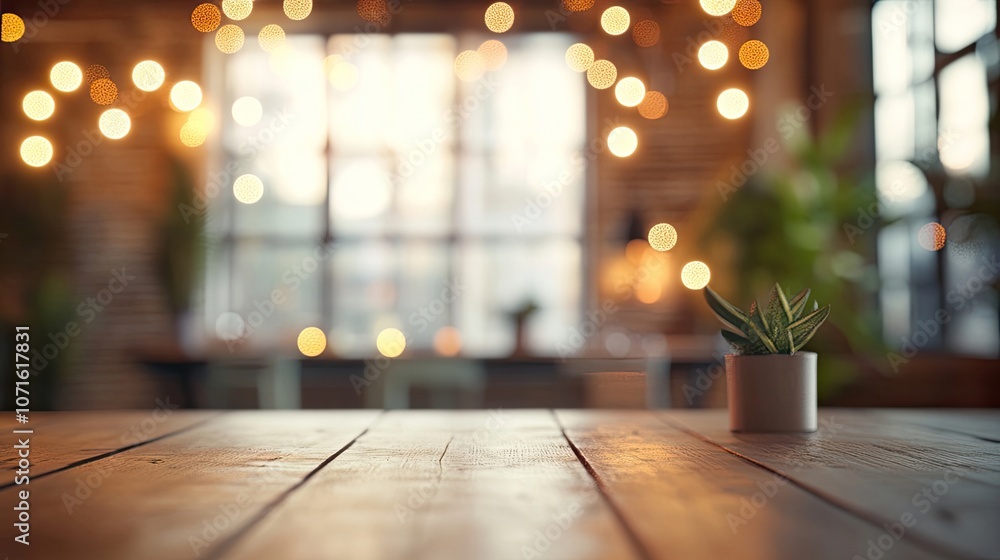 Poster interior design concept in loft style with a focus on unique elements, featuring bokeh effects and a