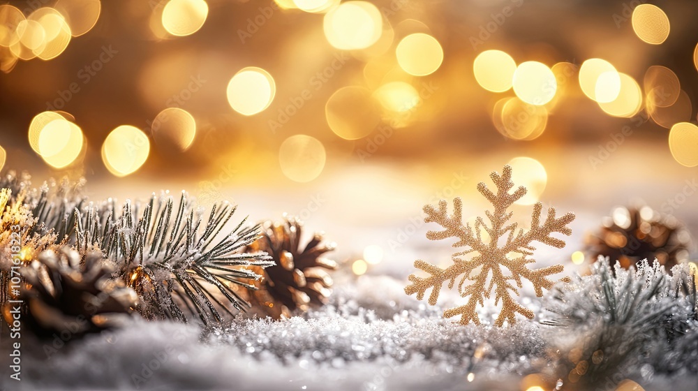 Poster festive christmas background filled with delicate snowflakes and soft bokeh lights, creating a magic