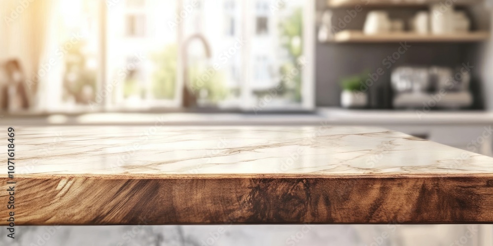 Poster a wooden tabletop rests on a softly blurred white marble counter, featuring subtle background attrib