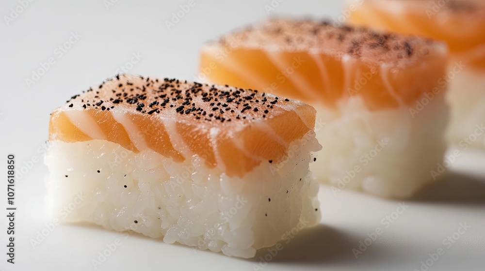 Poster defocused front slice of squid cake highlights its texture, complemented by a delicate salmon slice.