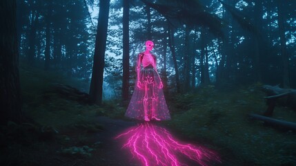 A neon pink skeleton stands in a dim, eerie forest, casting a vibrant electric glow on the dark path.