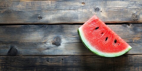 A colorful slice of watermelon placed on a wooden surface creates a striking visual contrast, highlighting the refreshing appeal of the vibrant, juicy fruit.