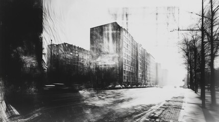 Monochrome abstract cityscape showcasing tall buildings and street, featuring dramatic contrasts and artistic distortion.