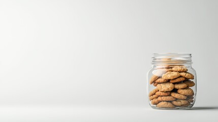 A Jar of Homemade Oatmeal Cookies: A rustic, clear glass jar filled to the brim with freshly baked oatmeal cookies sits on a minimalist background.  The image evokes feelings of warmth, comfort.
