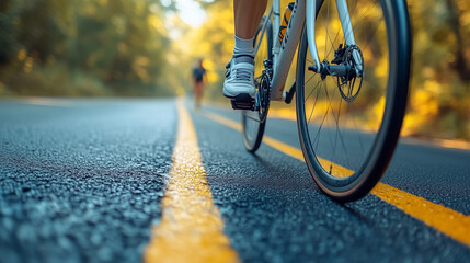 Naklejka premium Cycling on Asphalt Path: Close-up view of cyclist's feet and bike wheel on an asphalt path with yellow lines, suggesting a bike lane or road.