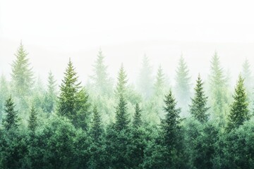 Obraz premium Misty forest with tall green trees.